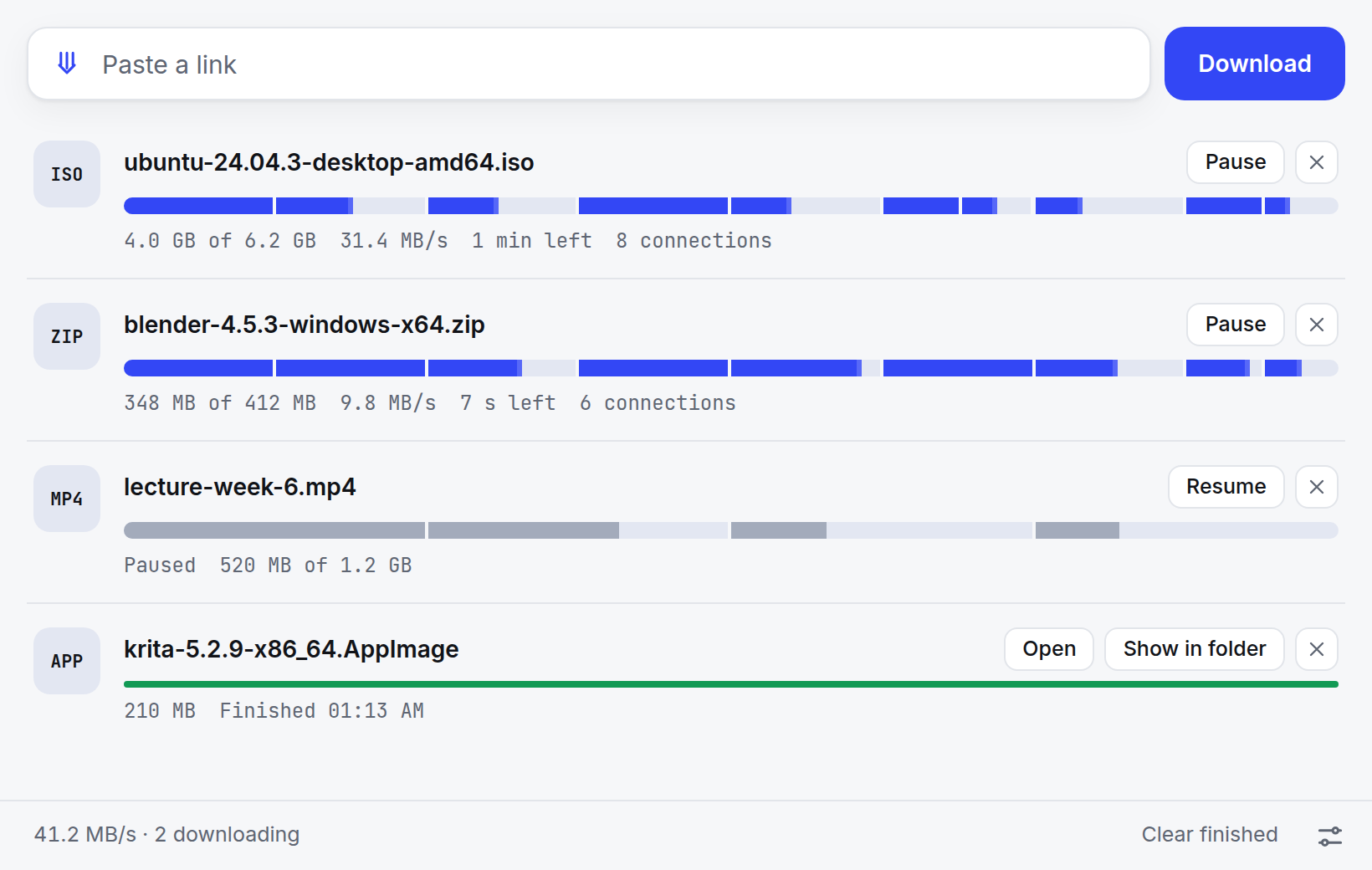 indir with two files downloading in parts, one paused and one finished